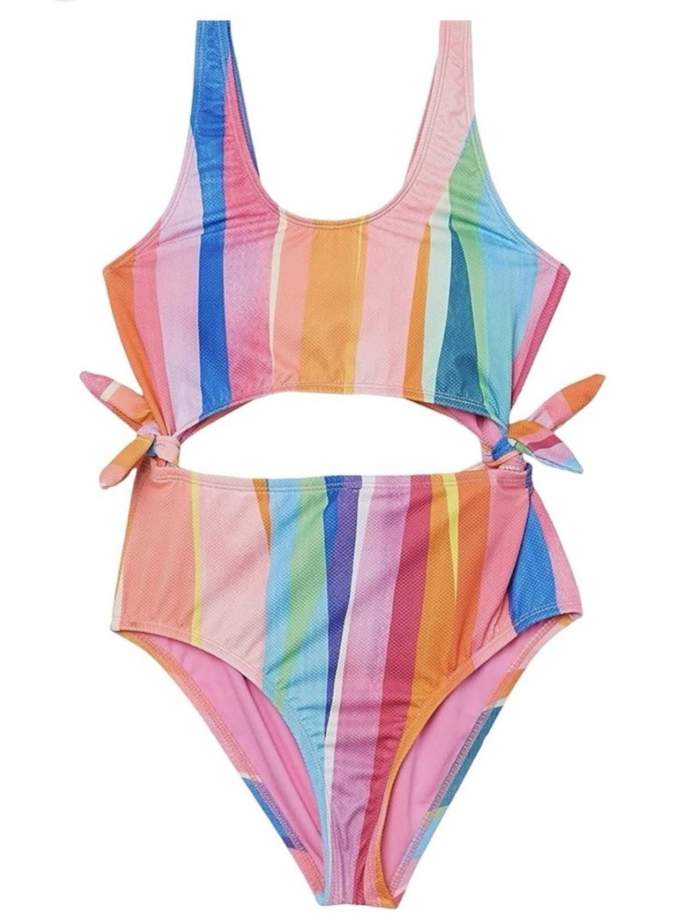 HOBIE  Girl's cutout Side Tie Rainbow One Piece  Swimsuit Pink Trim 14